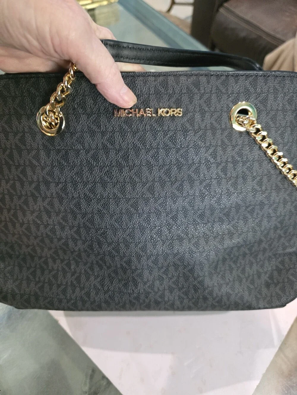 Michael Kors Black Logo Chain-Handle Tote with Gold Hardware